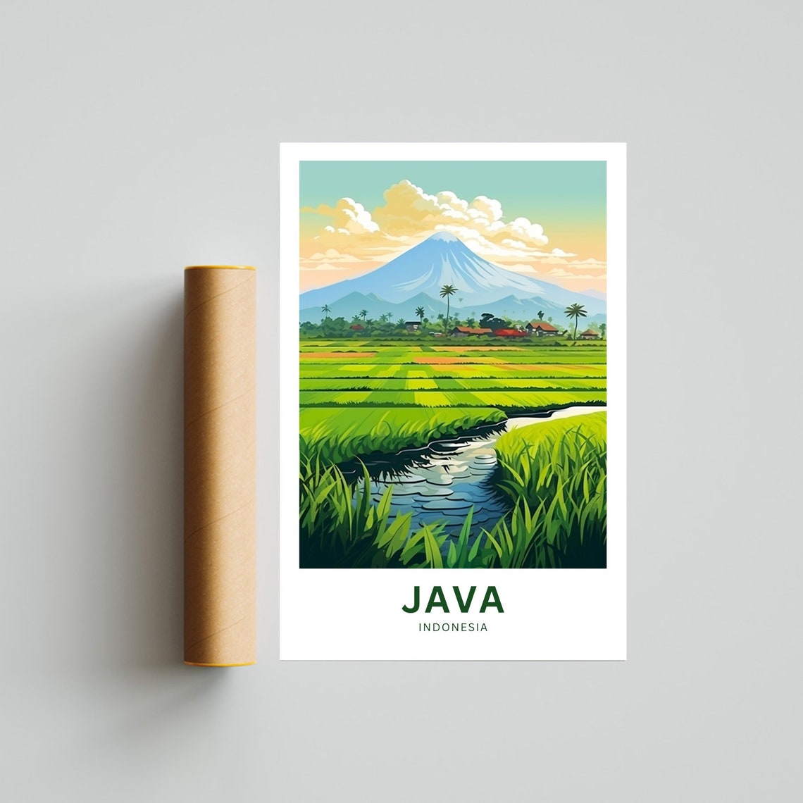 Java Indonesia Volcano Green Rice Paddy Fields Stream Poster - Image 4