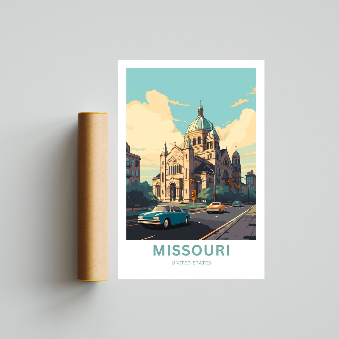 Missouri Domed Cathedral Basilica Classic Cars Street Poster - Image 4