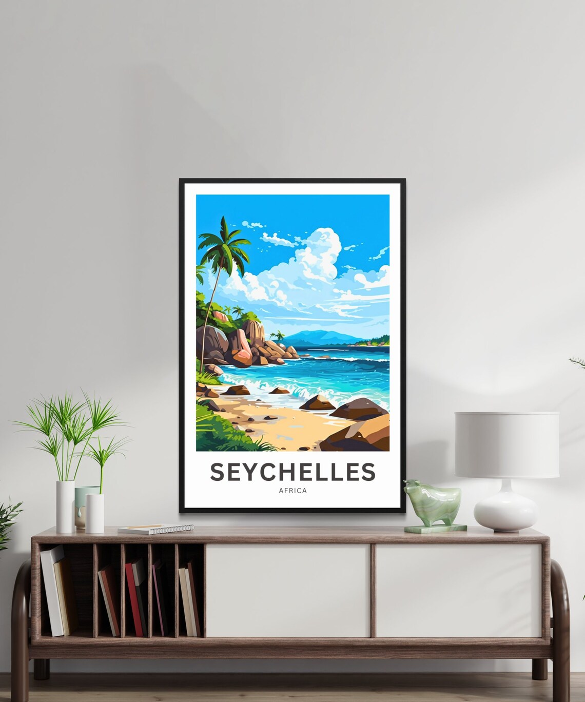 Seychelles Africa Travel Poster Tropical Beach Palm Boulders Artwork - Image 2