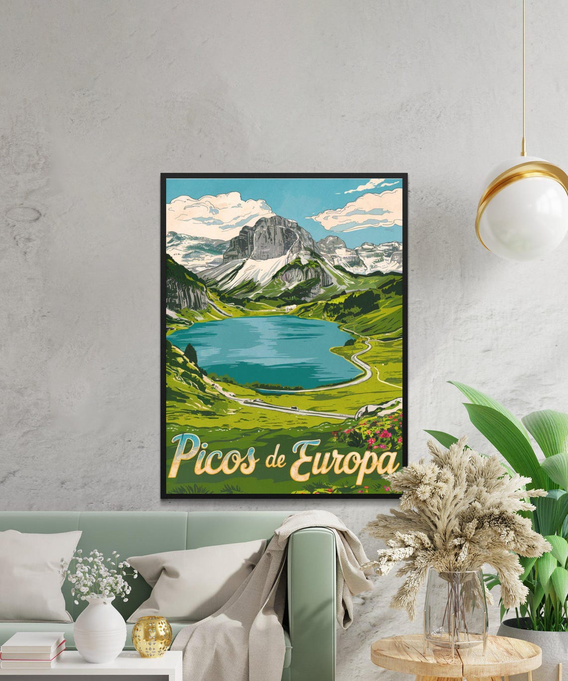 Picos de Europa Spain Retro Alpine Lake Poster With Grazing Cows - Image 2