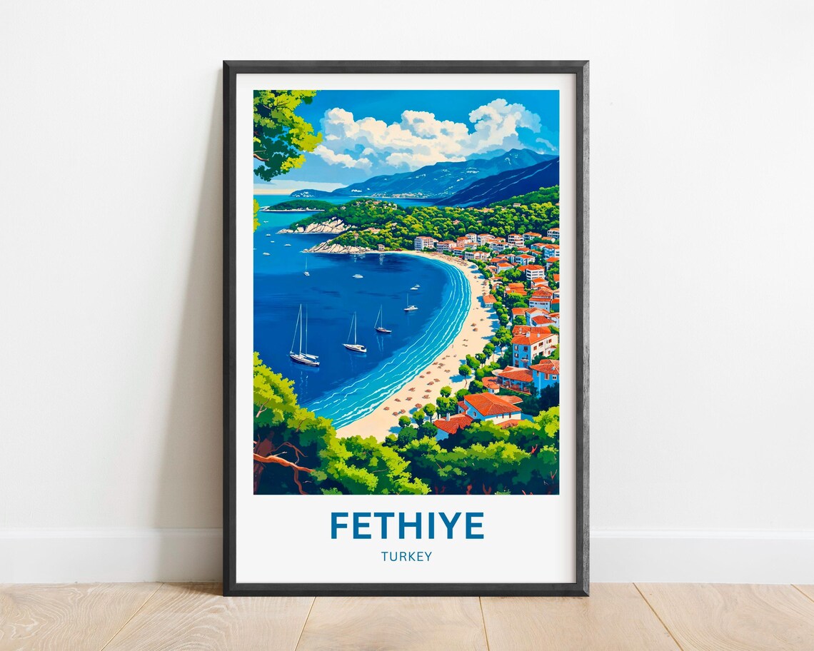 Fethiye Turkey Turquoise Bay Sailboats Scenic Beach Travel Poster