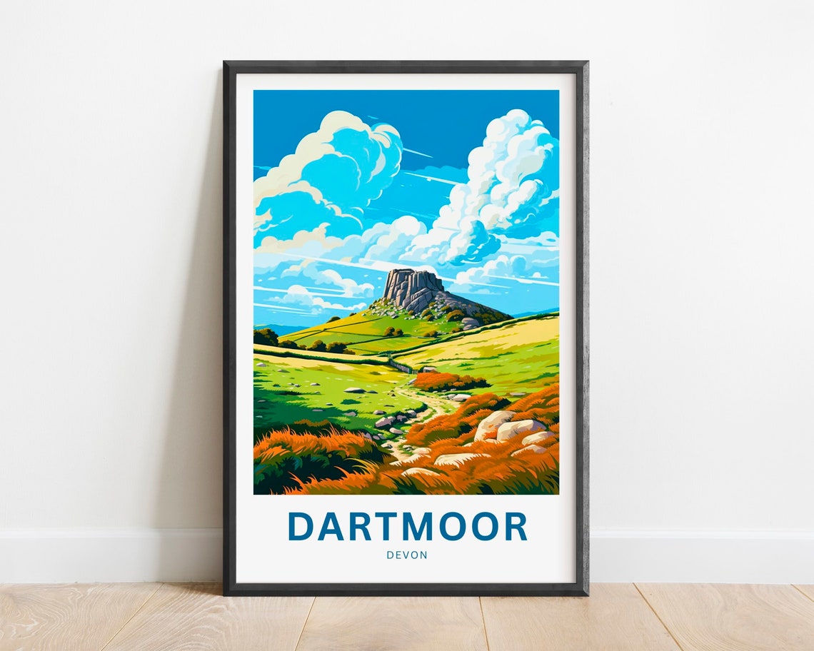 Dartmoor Devon Granite Tor and Winding Path Through Open Moor Poster