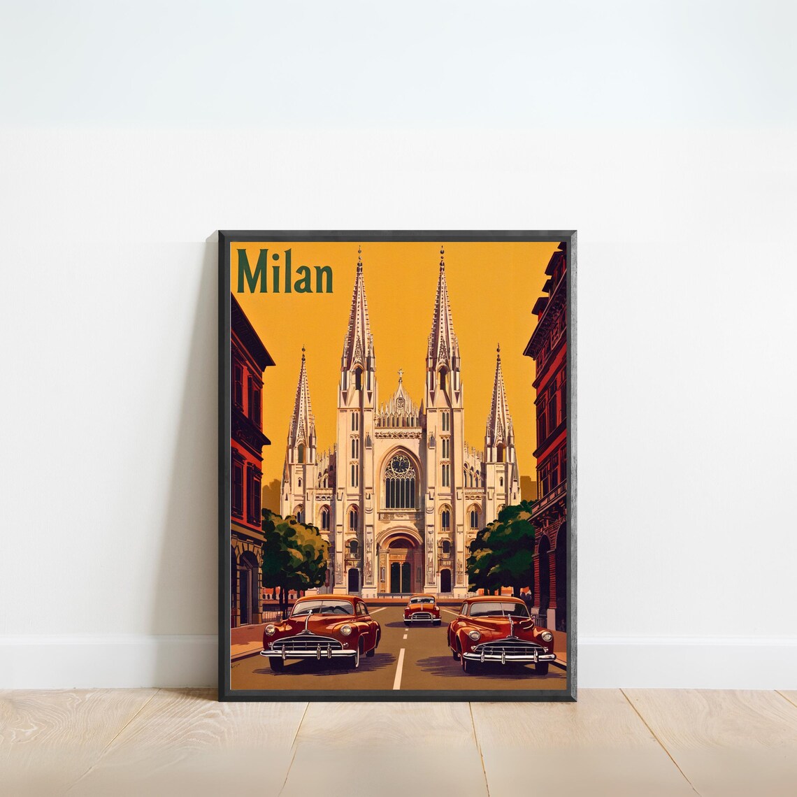 Milan Italy Vintage Cathedral Classic Cars Retro Europe Travel Poster