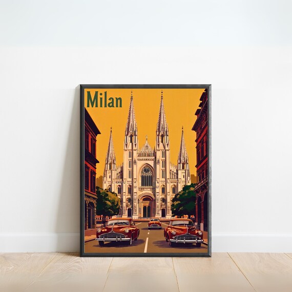 Milan Italy Vintage Cathedral Classic Cars Retro Europe Travel Poster