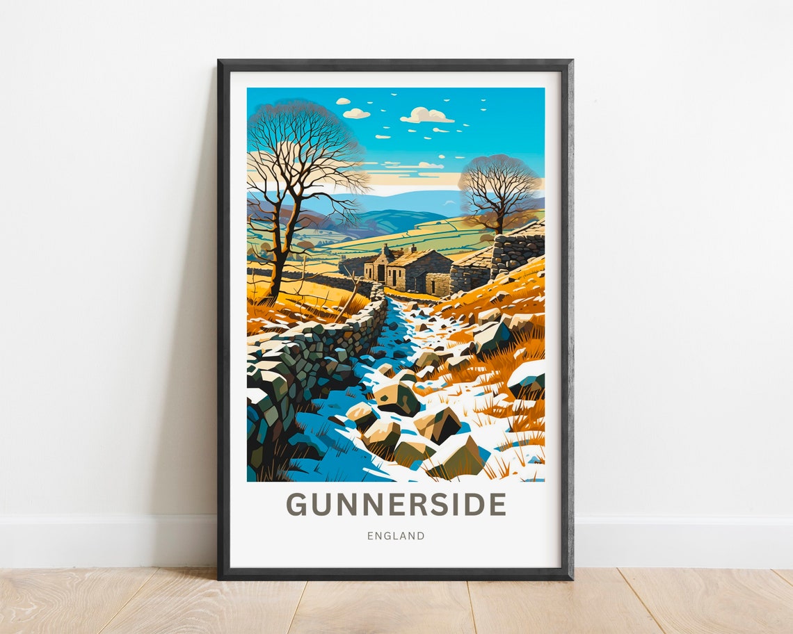 Gunnerside England Snowy Moorland Stone Farmhouse Art Poster