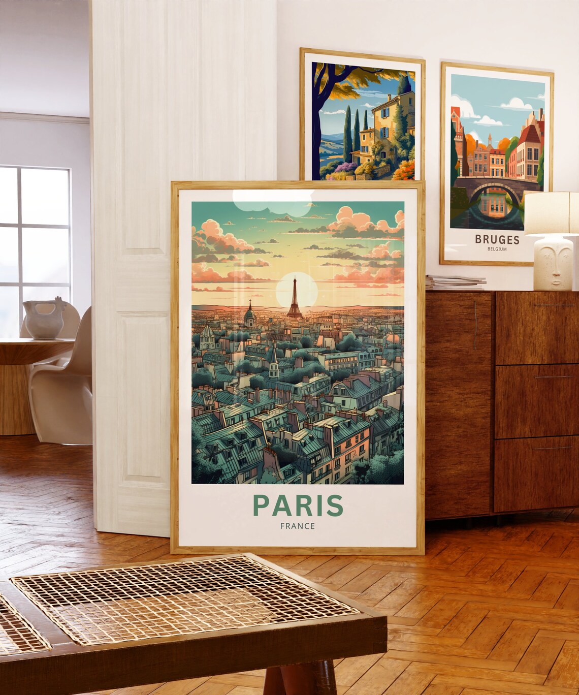 Paris France Sunrise Rooftops Aerial City Eiffel Tower Travel Poster