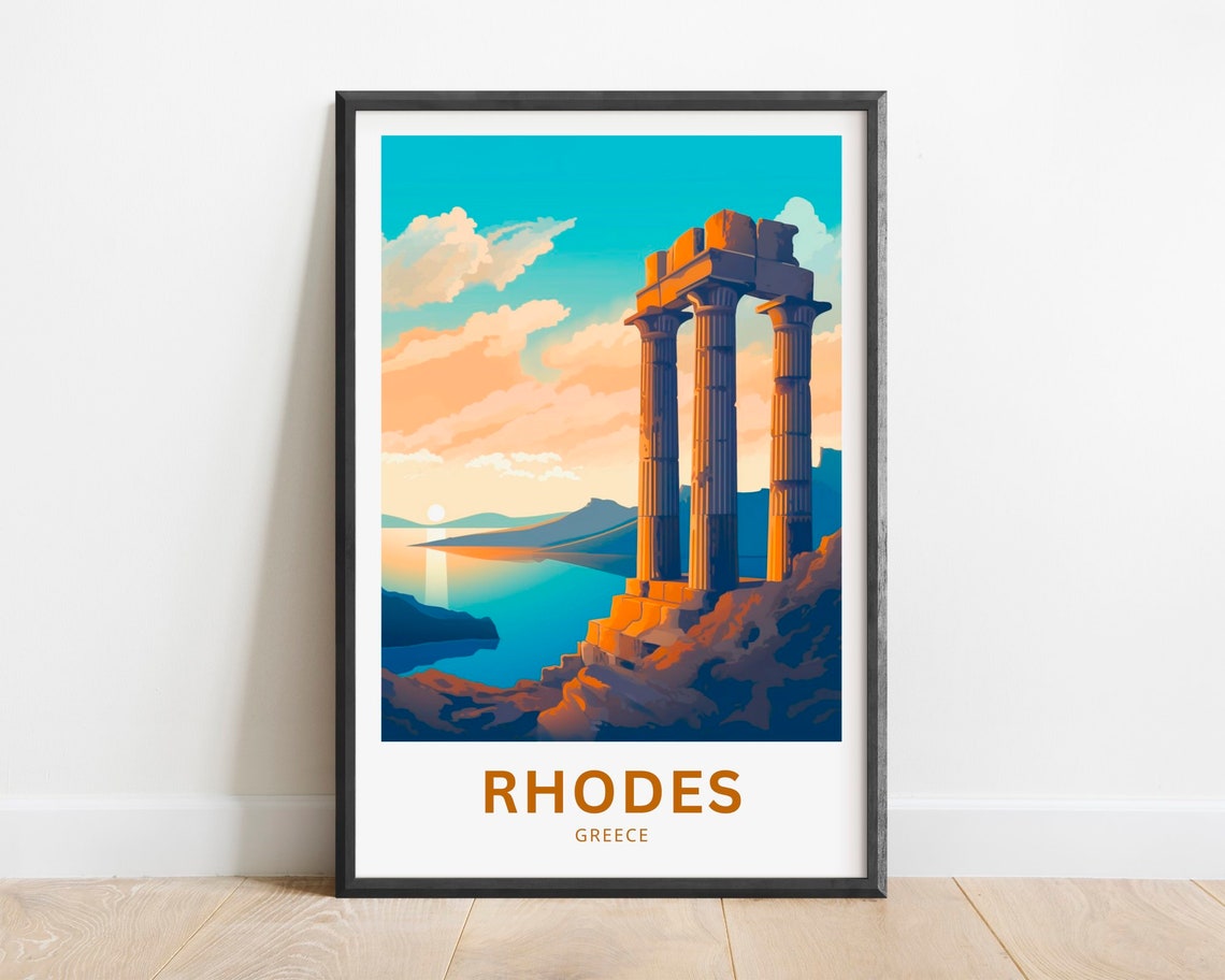 Rhodes Greece Ancient Stone Columns Sunset Coast Travel Poster