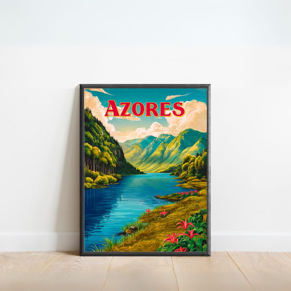 Azores Vintage Crater Lake Lush Green Mountains Travel Poster