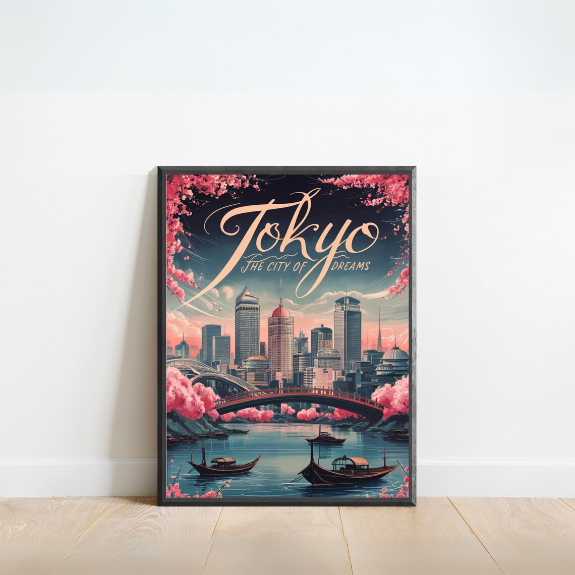 Tokyo Japan City of Dreams Cherry Blossom Bridge Travel Poster