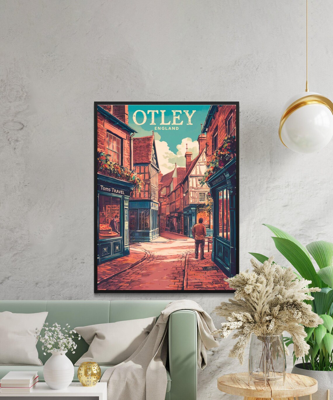 Otley England Historic Cobbled Street Shops Vintage Travel Poster - Image 3