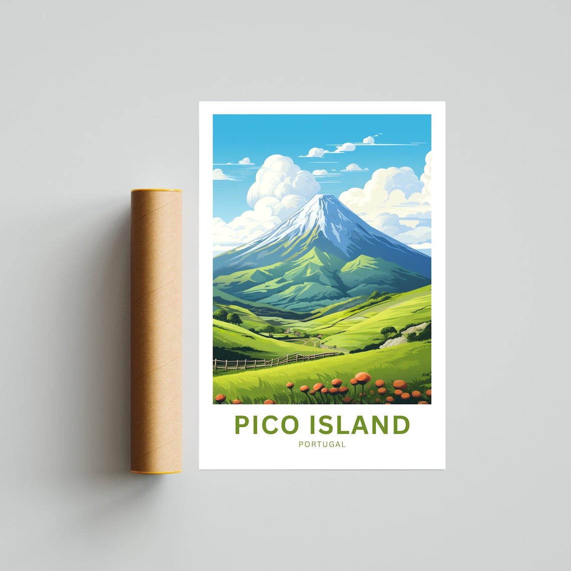 Pico Island Portugal Green Volcano Hills Daytime Travel Poster - Image 4