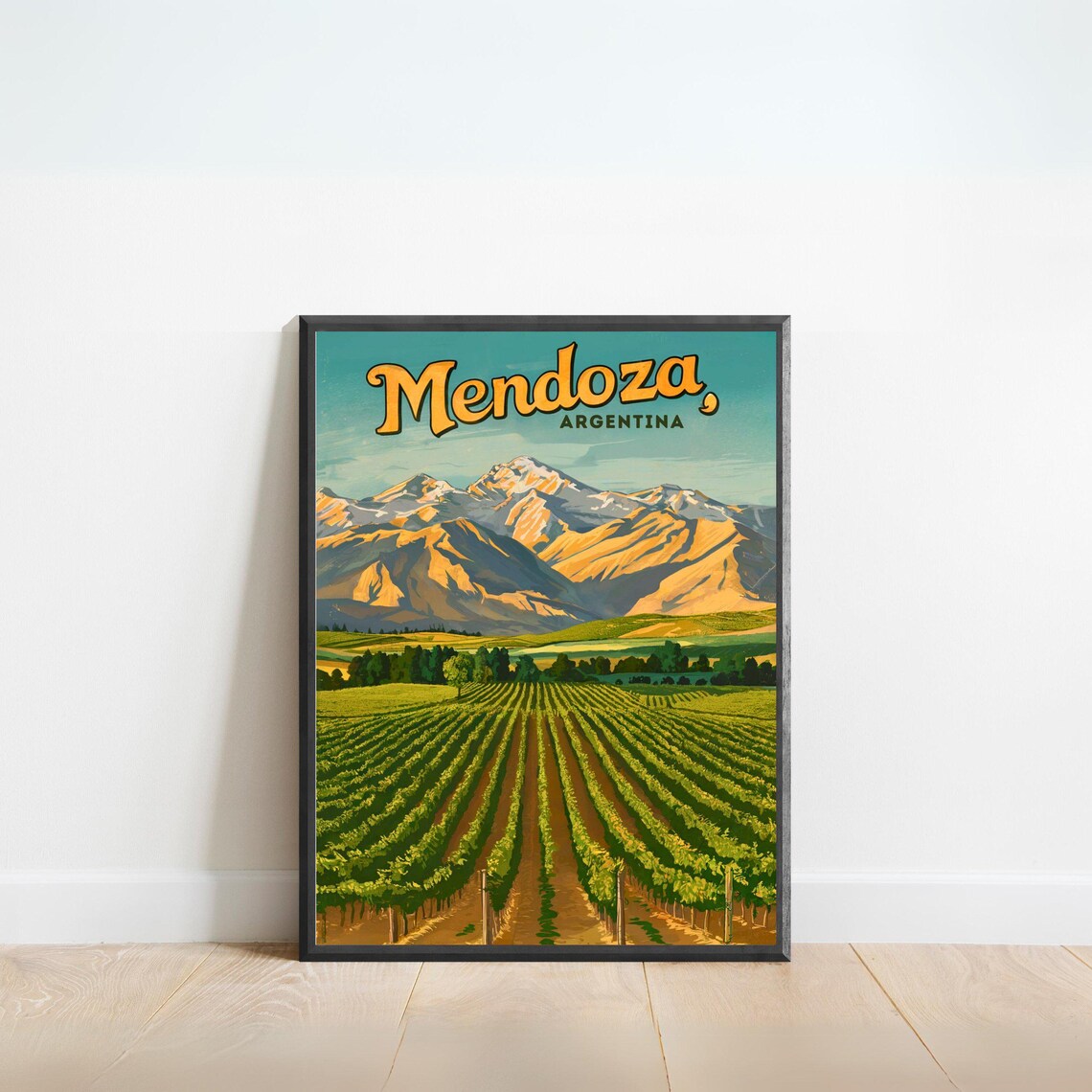 Mendoza Argentina Vineyard Andes Mountain Vintage Travel Poster