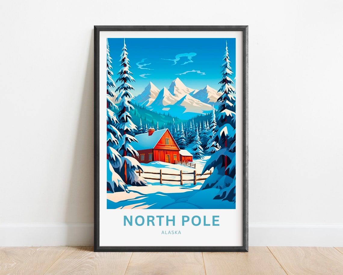 North Pole Alaska Red Cabin Snowy Pine Forest Winter Travel Poster