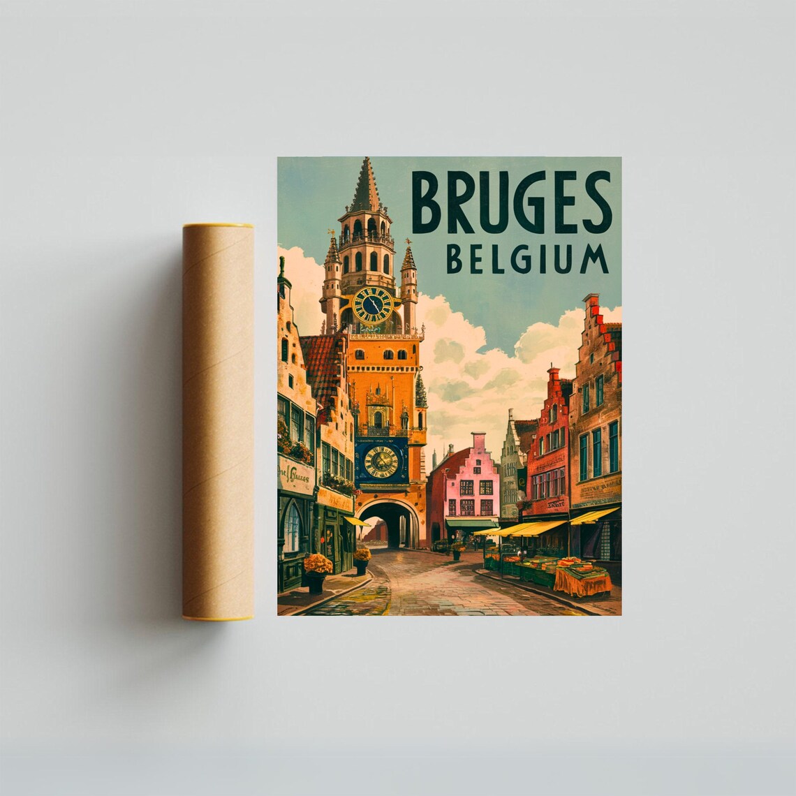Bruges Belgium Belfry Clock Tower Market Square Vintage Poster - Image 3
