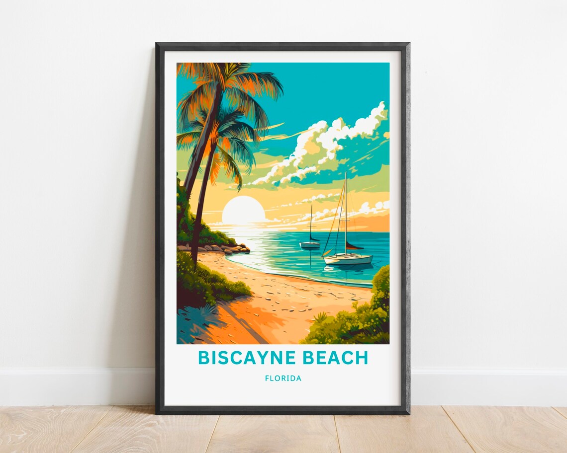 Biscayne Beach Florida Sunset Travel Poster Sailboats Palm Art