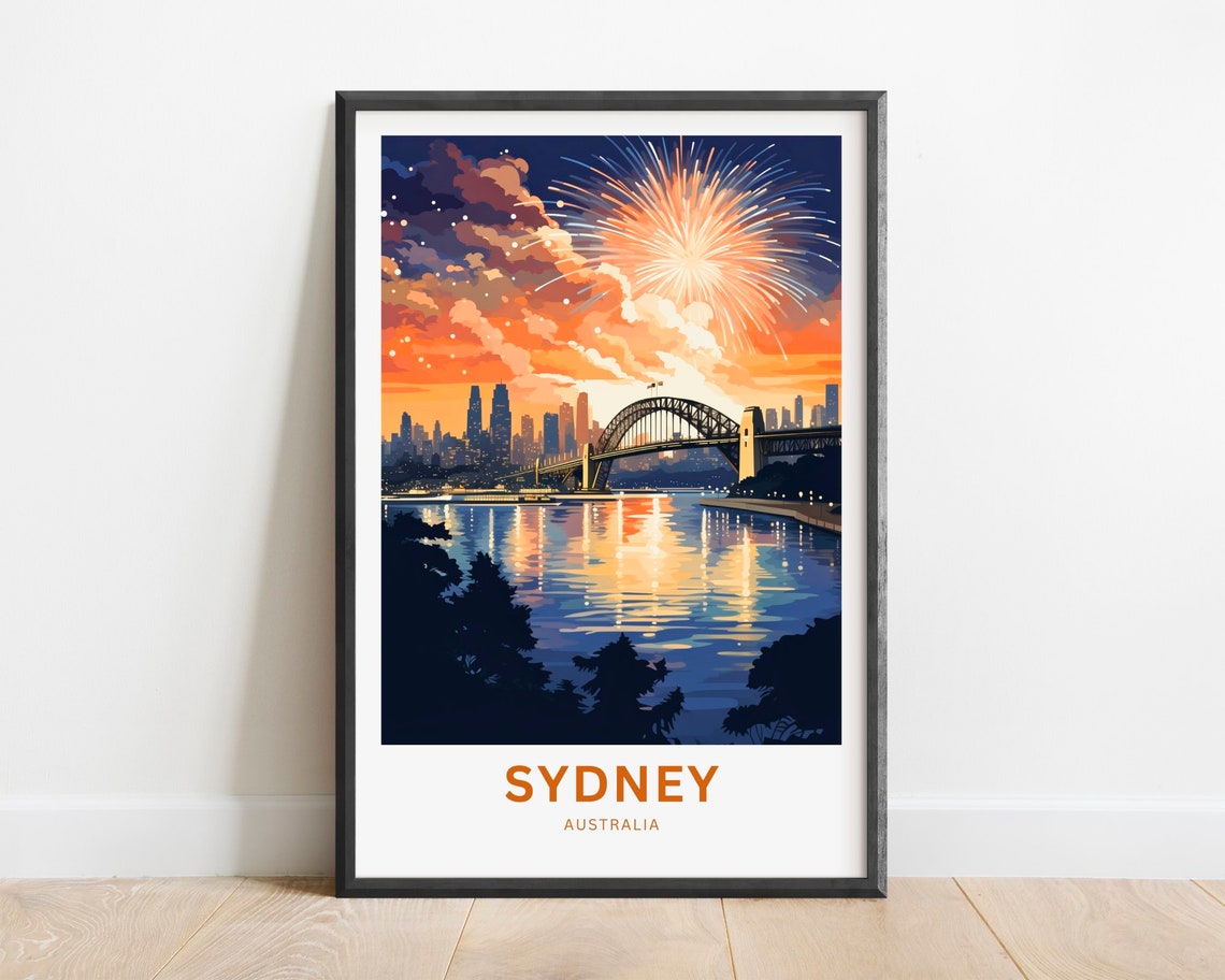 Sydney Australia Harbour Bridge Night Fireworks Display Travel Poster