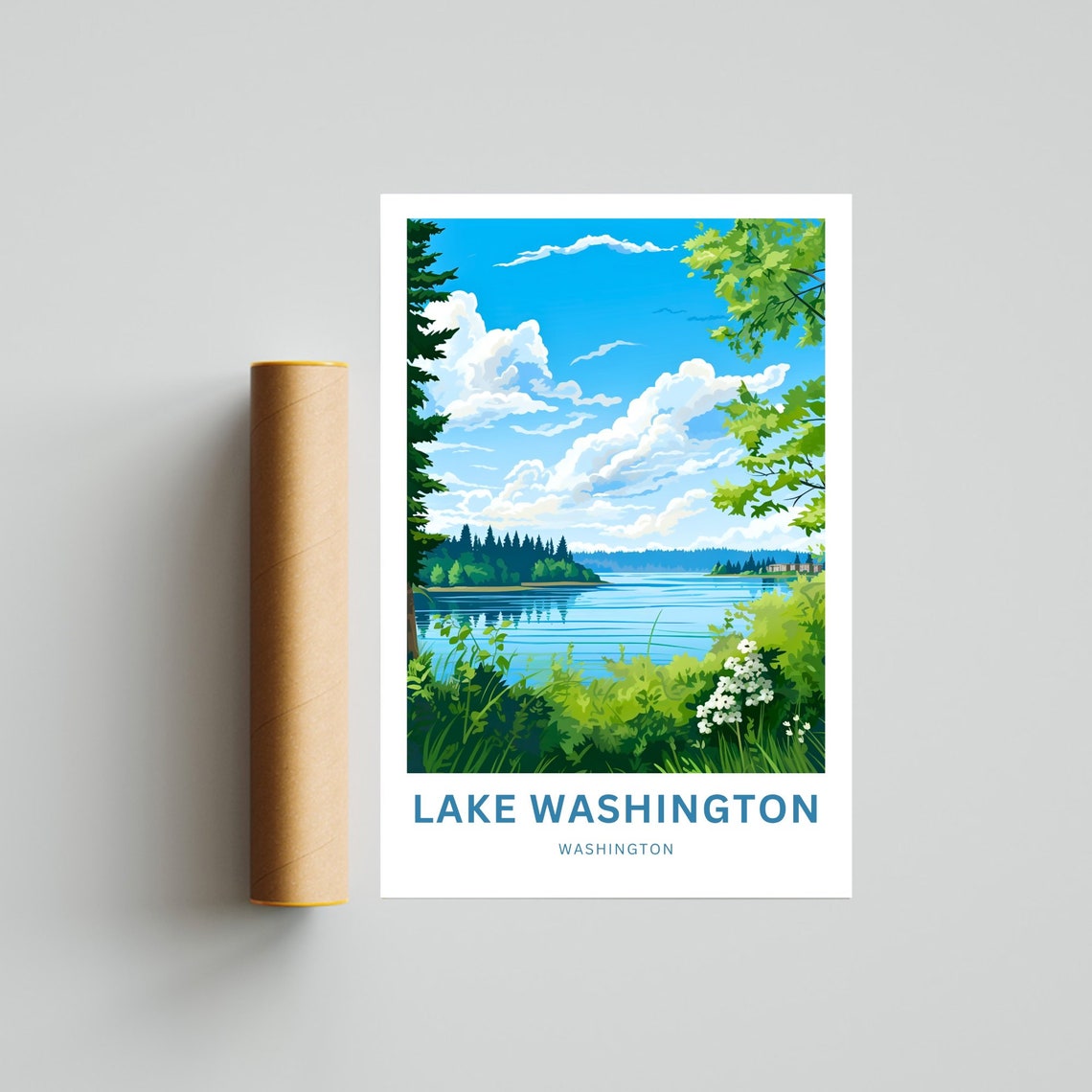 Lake Washington Billowing Clouds over Lakeshore Meadow Poster - Image 4