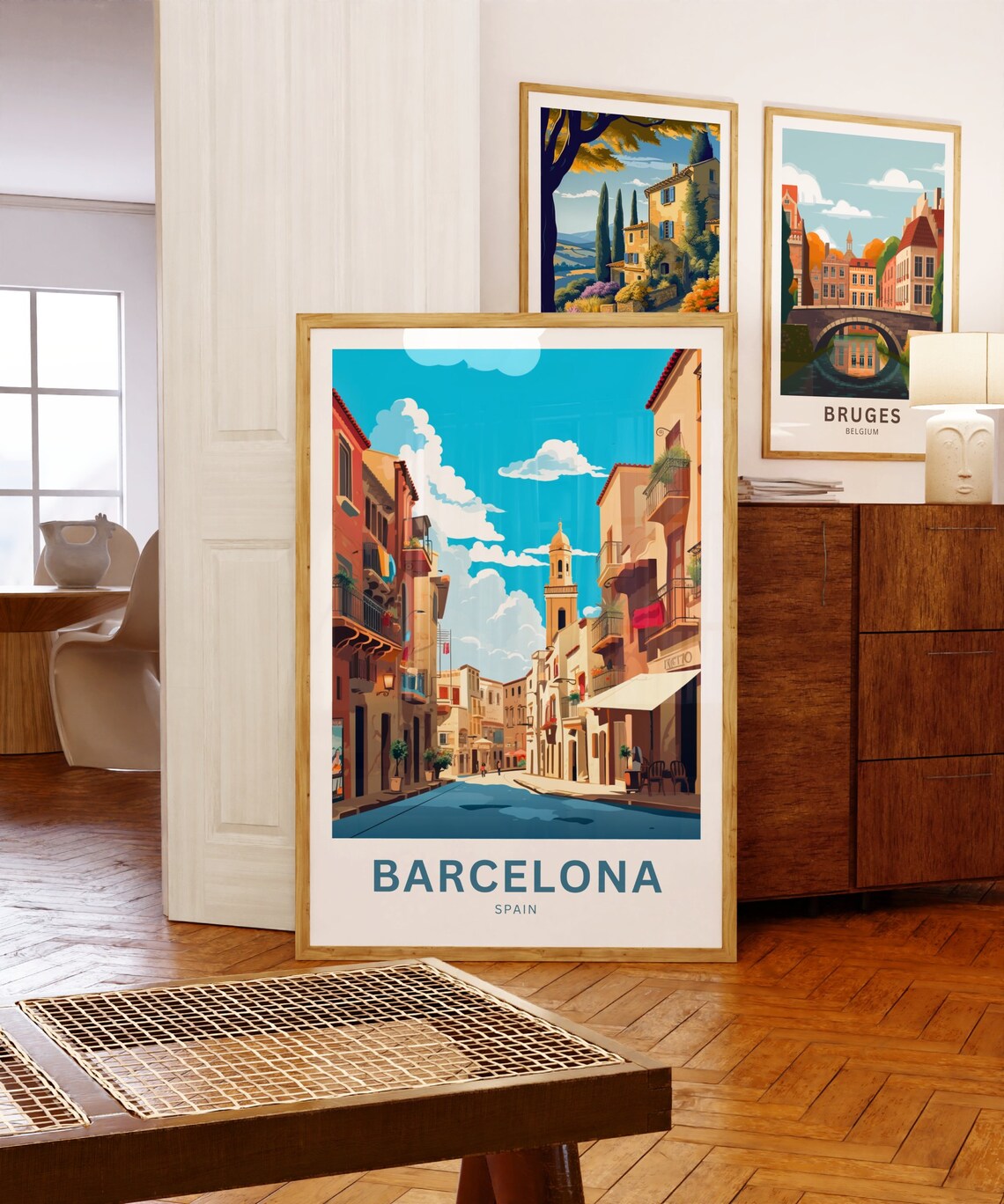 Barcelona Spain Colorful Old Town Street with Church Tower Poster - Image 5