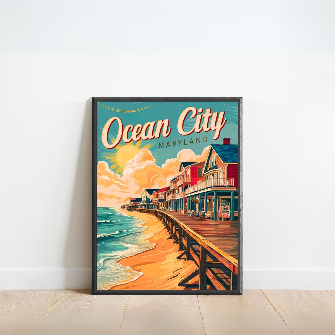 Ocean City Maryland Retro Beach Boardwalk Cottages Art Poster