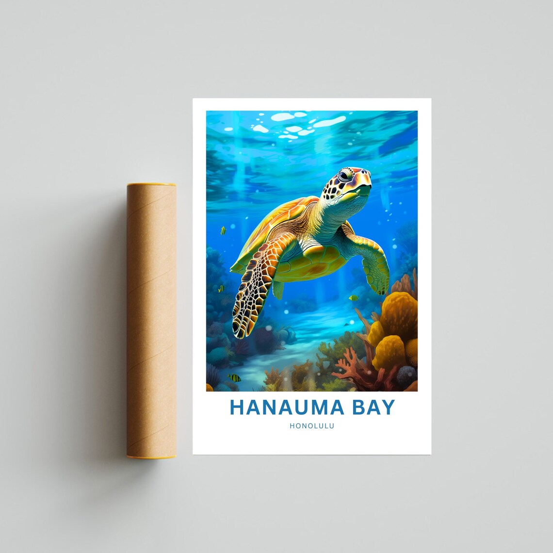 Hanauma Bay Honolulu Sea Turtle Coral Reef Underwater Art Poster - Image 4