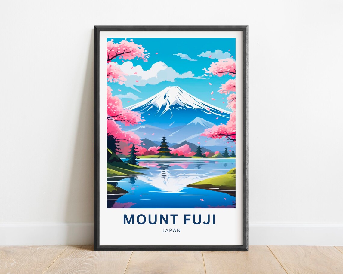 Mount Fuji Japan Cherry Blossom Spring Pagoda Lake Travel Poster