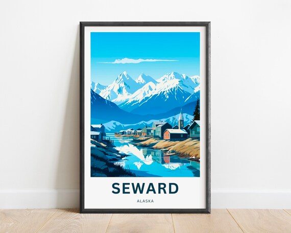 Seward Alaska Travel Poster Snowy Mountain Lake Reflection Art