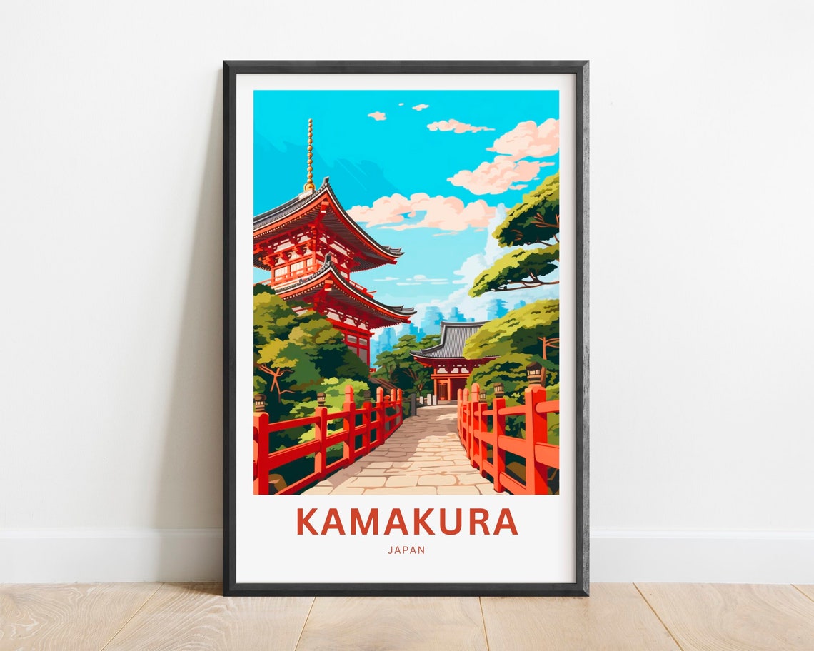 Kamakura Japan Red Pagoda Bridge Temple Garden Scenic Travel Poster