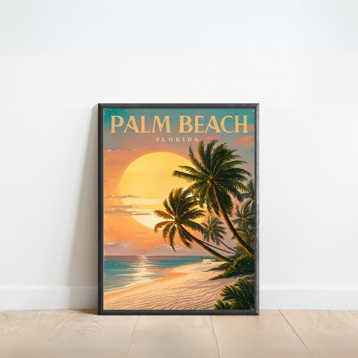 Palm Beach Florida Giant Sun Sunset Palms Sand Vintage Travel Poster