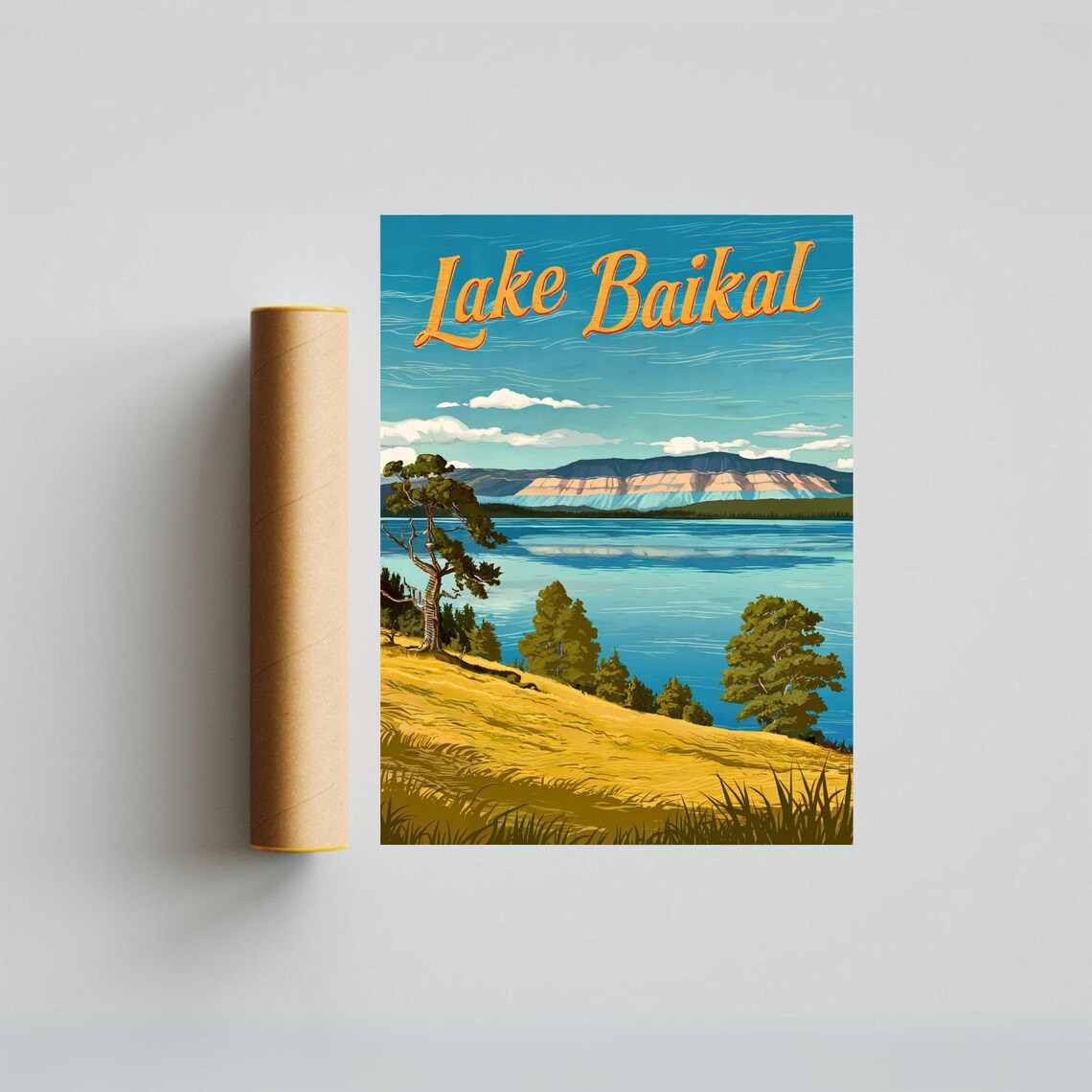 Lake Baikal Vintage Poster with Golden Shore and Calm Waters Art - Image 2