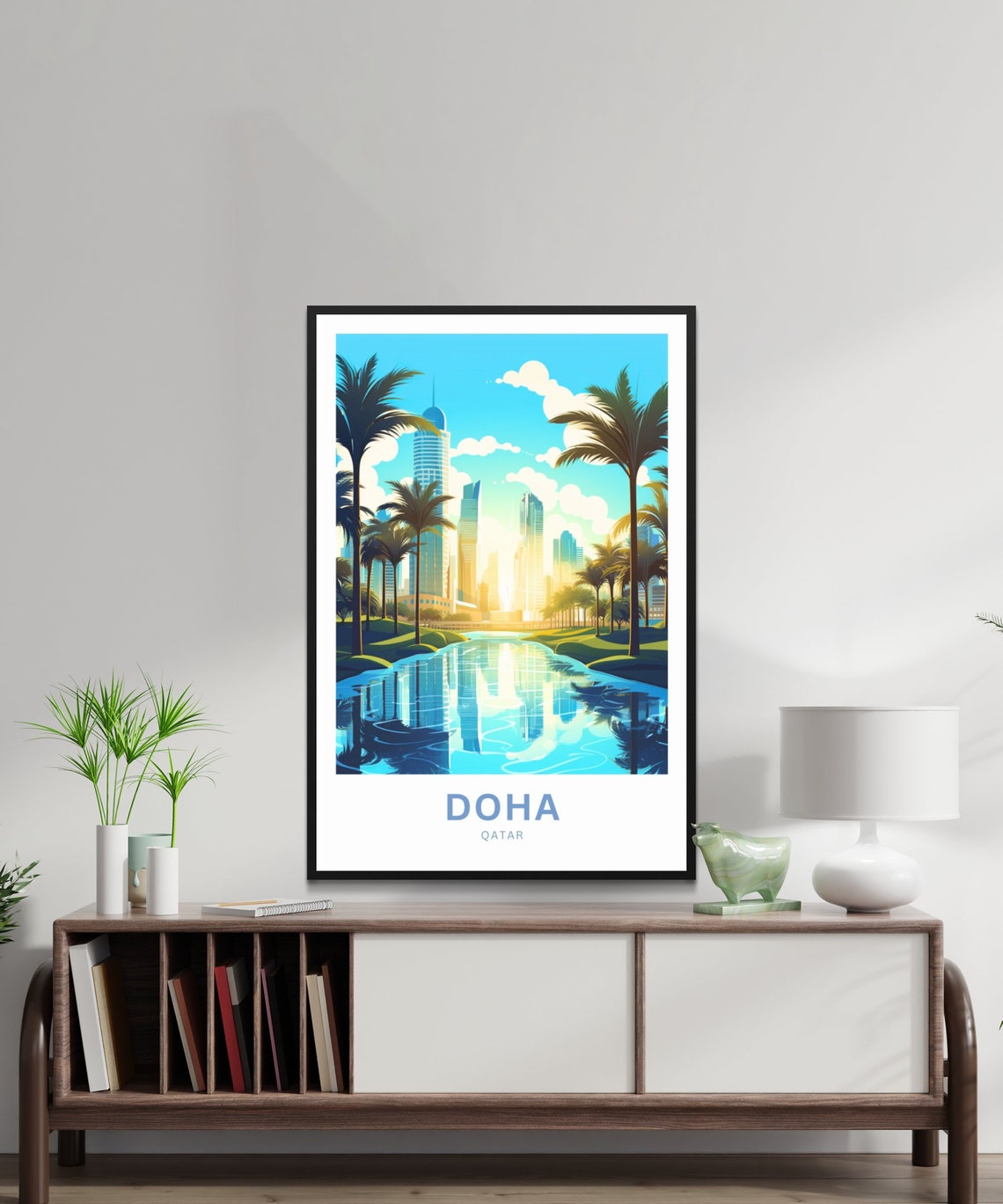 Personalized Doha Qatar Skyline Palms Reflection Travel Poster - Image 2