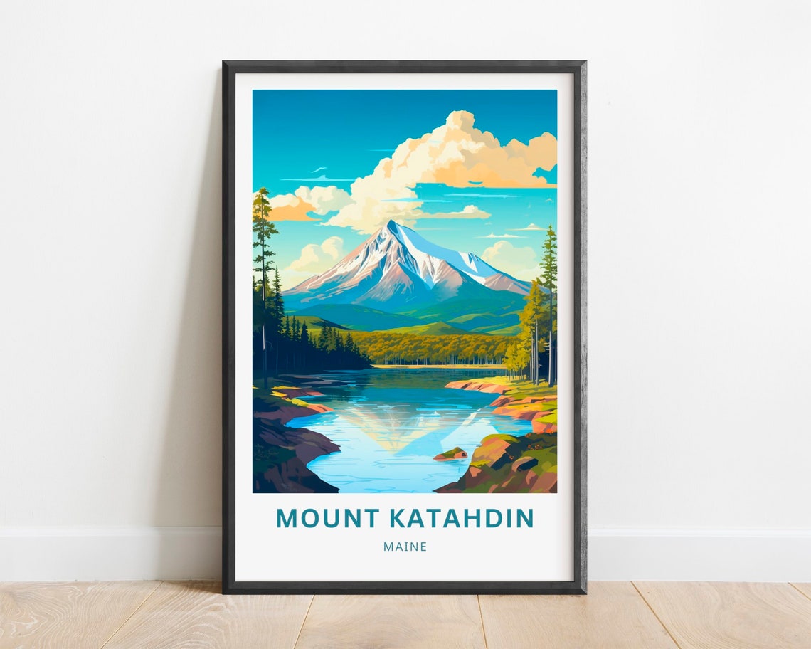 Mount Katahdin Maine Peak Reflected in Lake Travel Illustration Poster