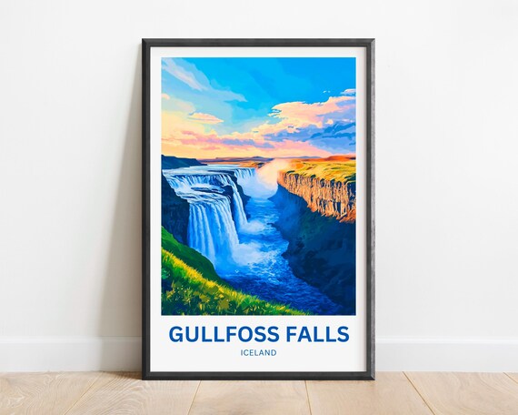 Gullfoss Falls Iceland Majestic Waterfall Canyon Travel Poster