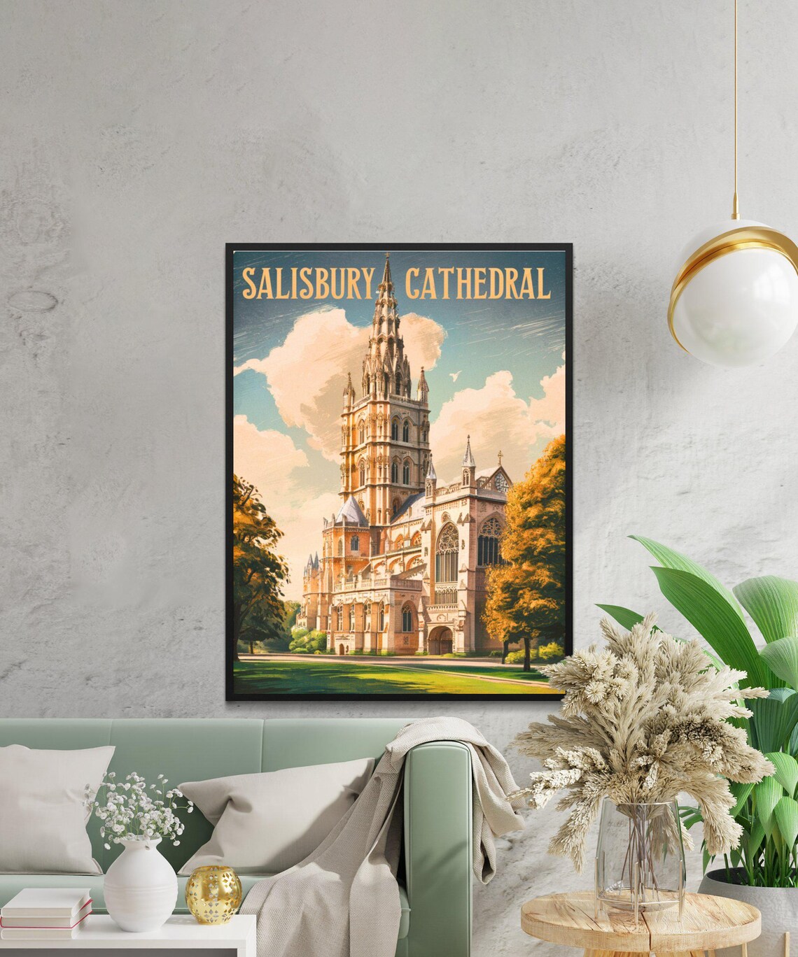 Salisbury Cathedral England Vintage Style Gold Lettering Poster - Image 3