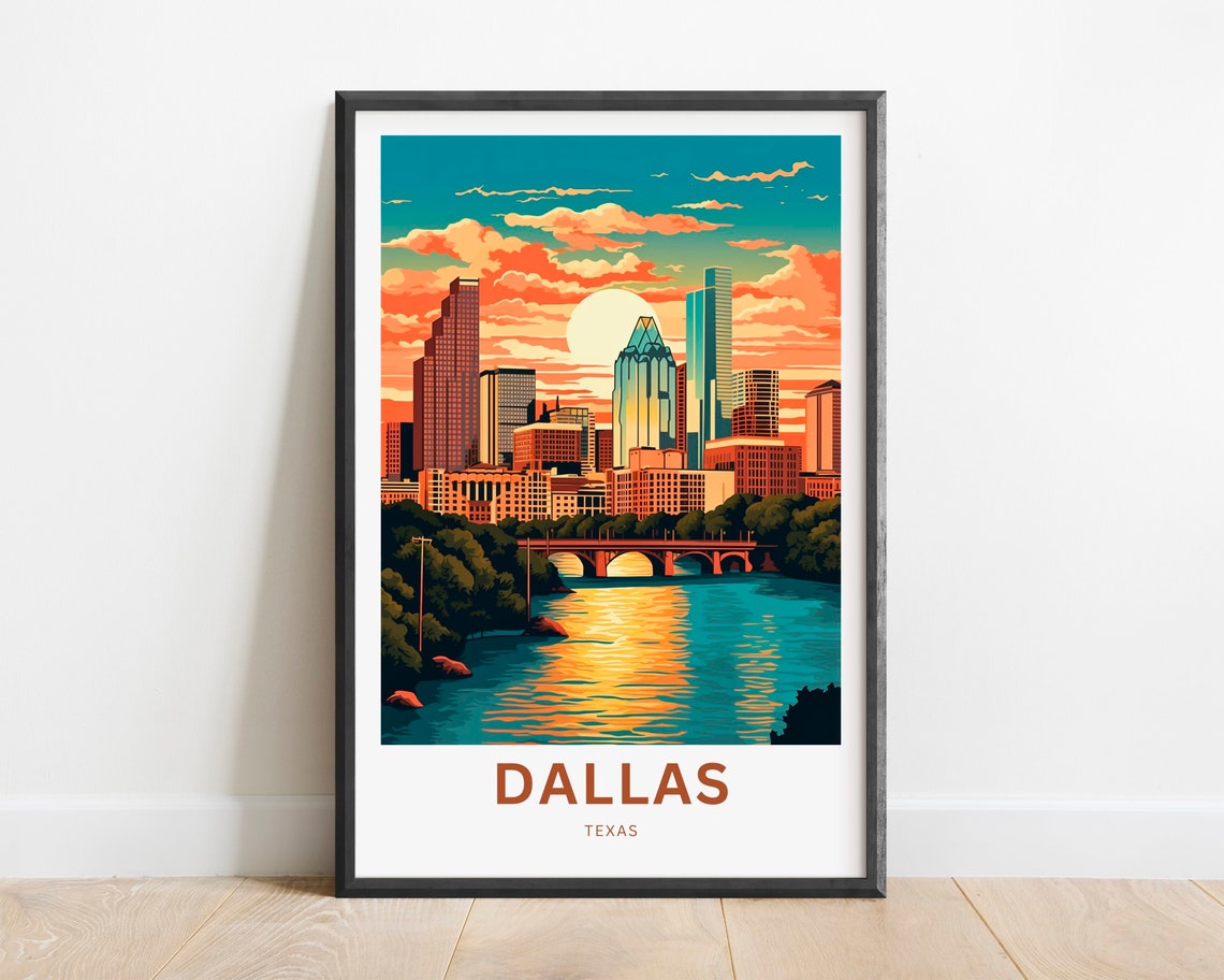 Dallas Texas Sunset River Bridge Skyline Cityscape Travel Poster
