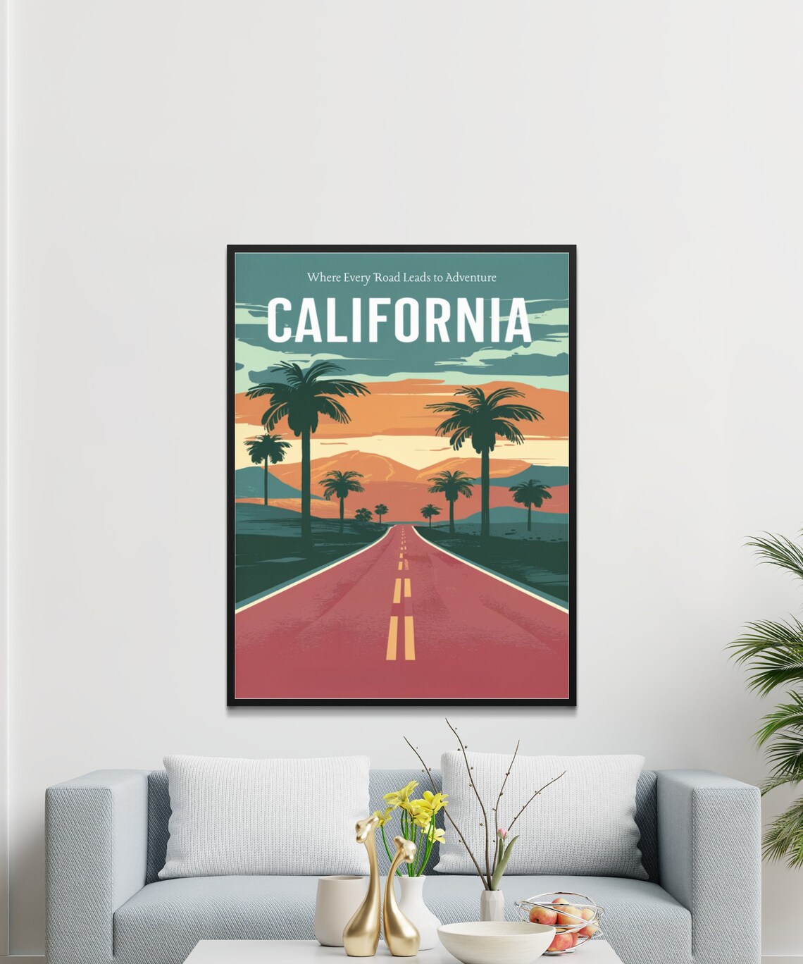 California Palm Tree Road Sunset Retro Adventure Travel Poster
