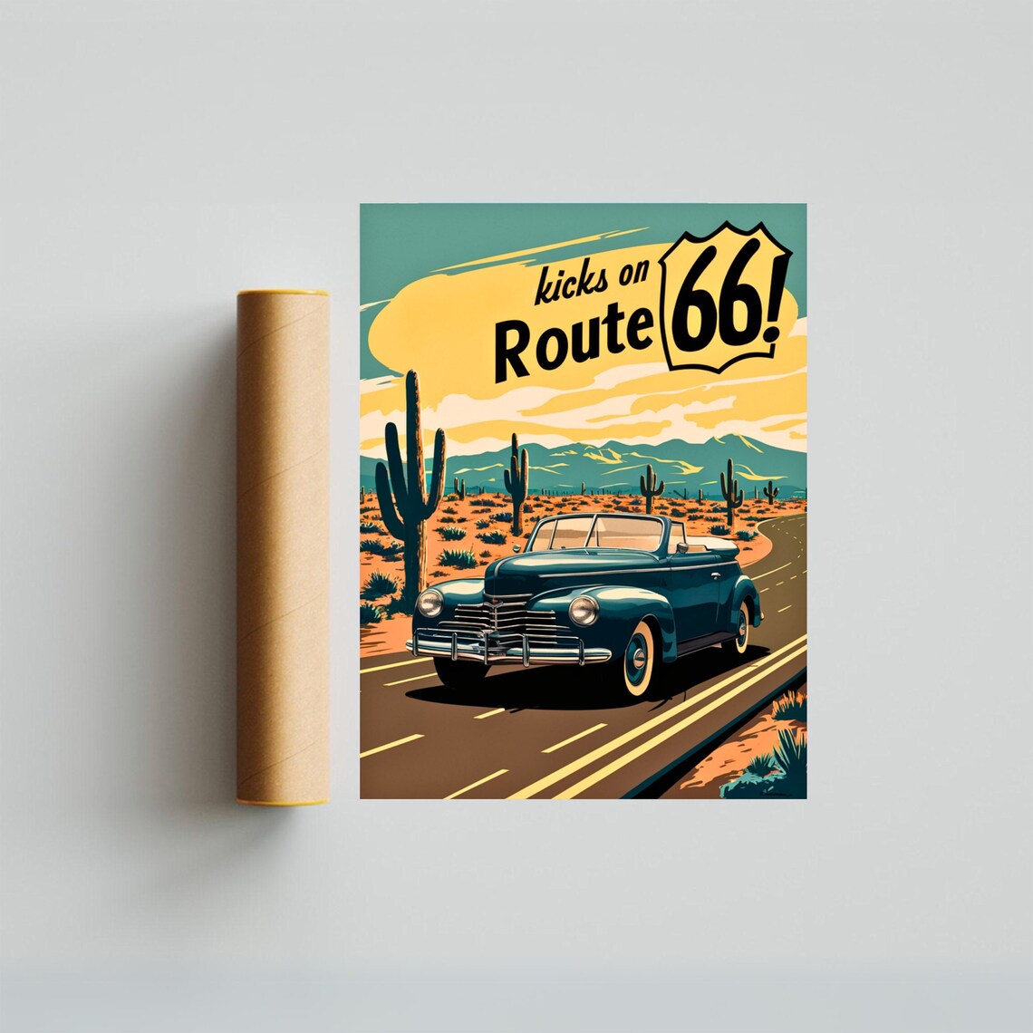 Kicks on Route 66 Desert Highway Classic Car Vintage Travel Poster - Image 4