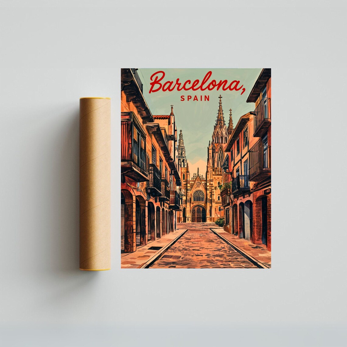 Barcelona Spain Gothic Cathedral Old Street Vintage Poster Art - Image 2