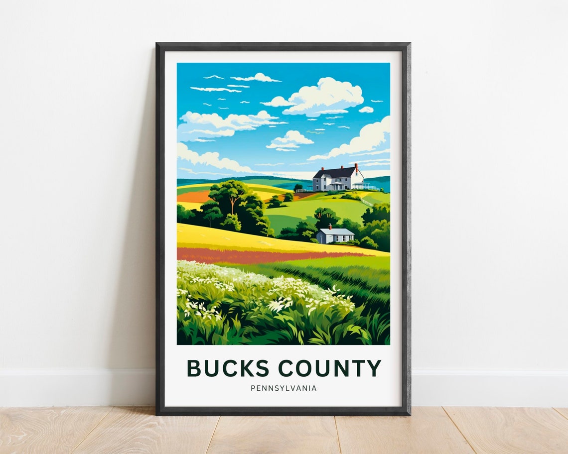 Bucks County Pennsylvania Rolling Hills Farmhouse Travel Poster