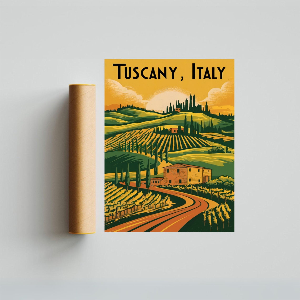 Tuscany Italy Sunset Vineyards Cypress Trees Hilltop Village Poster - Image 3