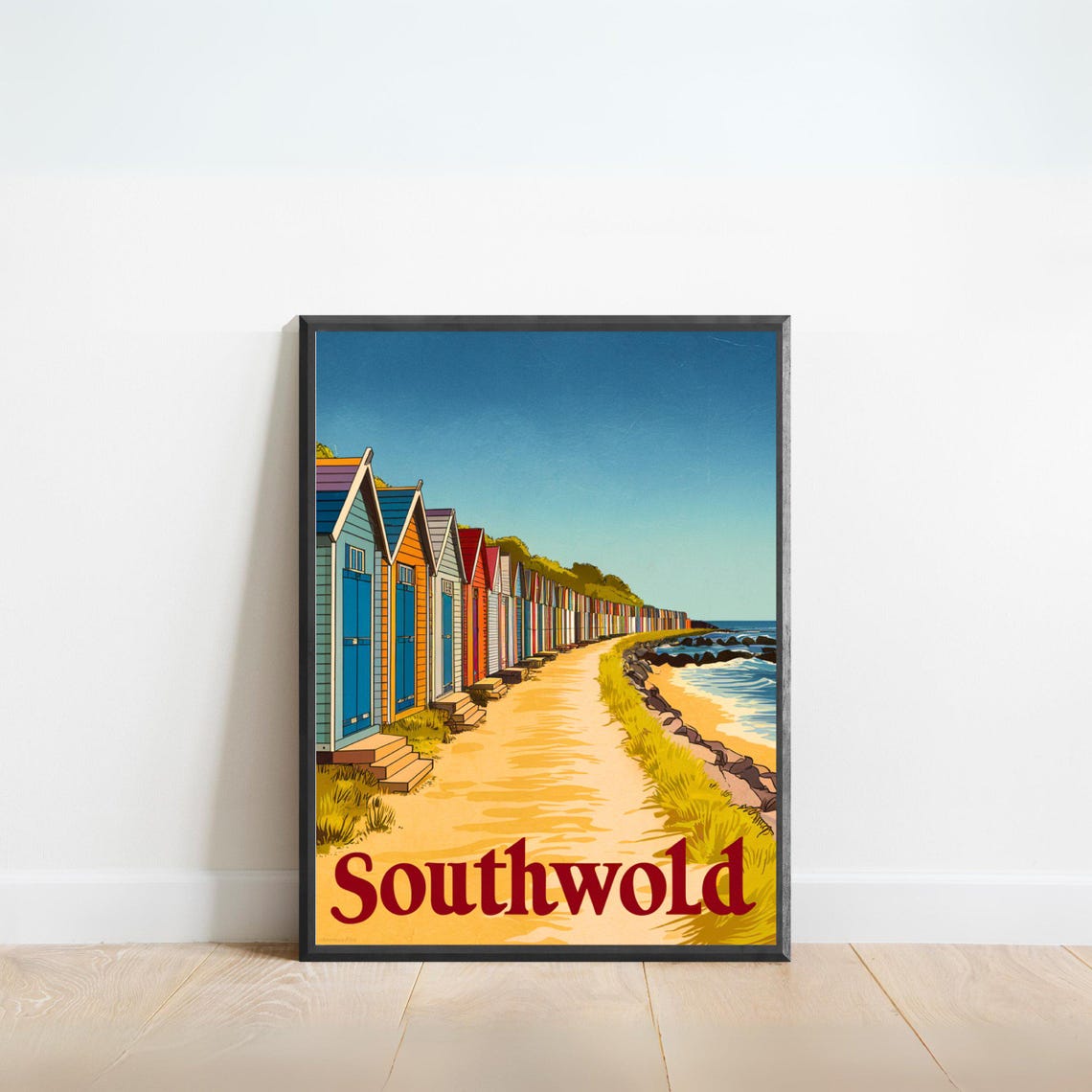 Southwold England Vintage Beach Huts Coastal Path Art Travel Poster