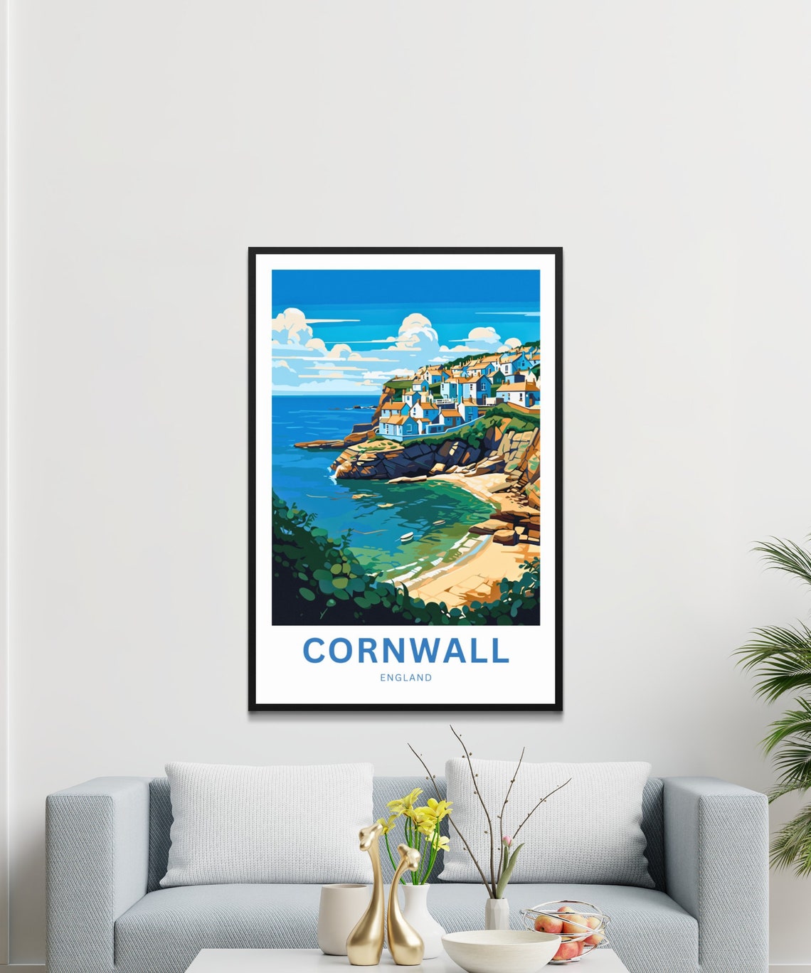 Cornwall England Cliffside Village Over Turquoise Bay Poster - Image 3