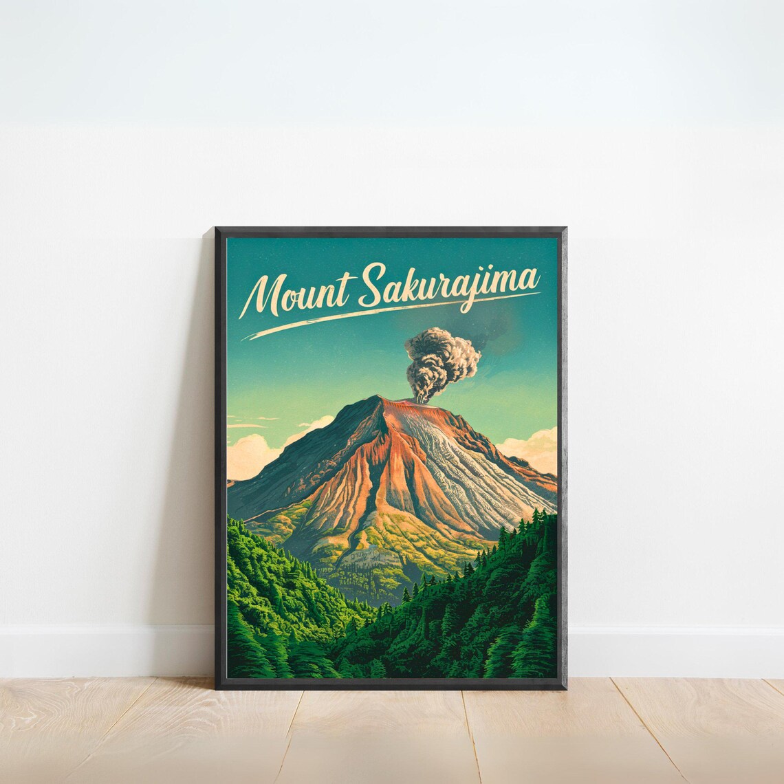 Mount Sakurajima Japan Smoking Volcano Peak Vintage Travel Poster