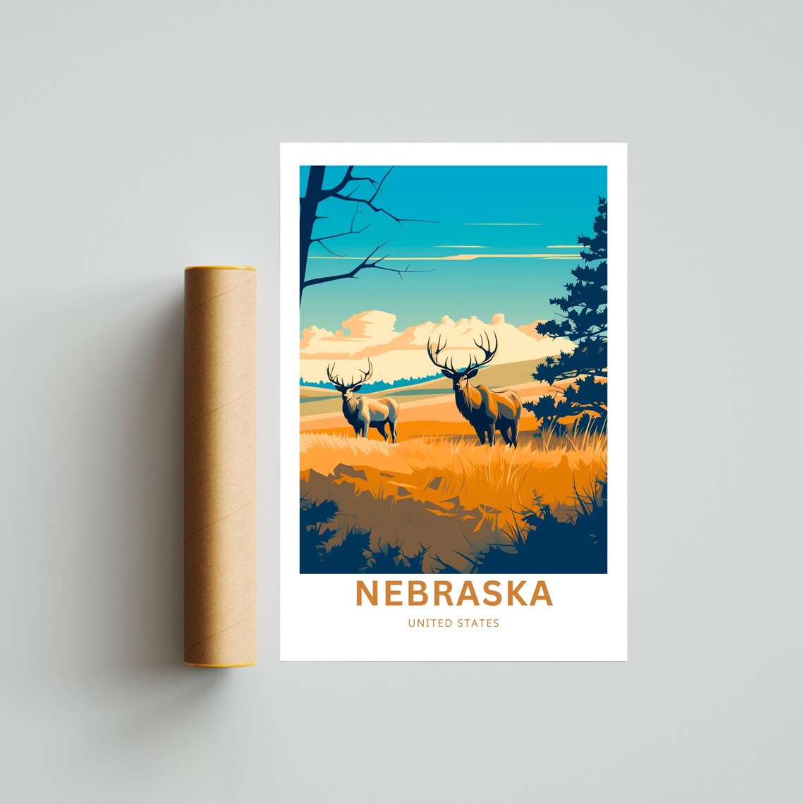 Personalized Nebraska Prairie Deer Sunset Grassland Travel Poster - Image 4