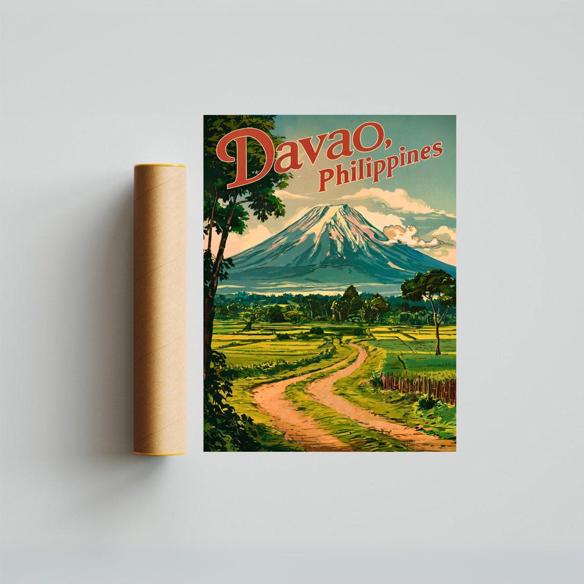 Davao Philippines Vintage Script Volcano Countryside Road Poster - Image 3
