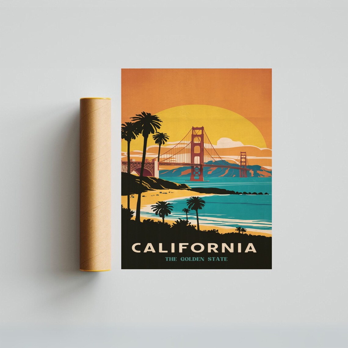 California Golden Gate Sunset Beach Palm Retro Travel Poster - Image 3