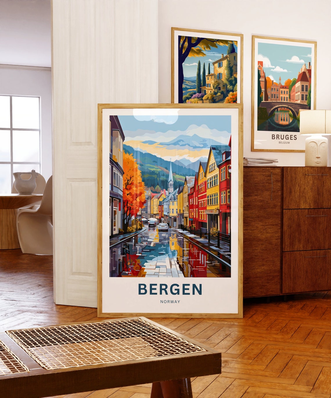 Personalized Bergen Norway Golden Autumn Rainy Street Scene Poster - Image 5