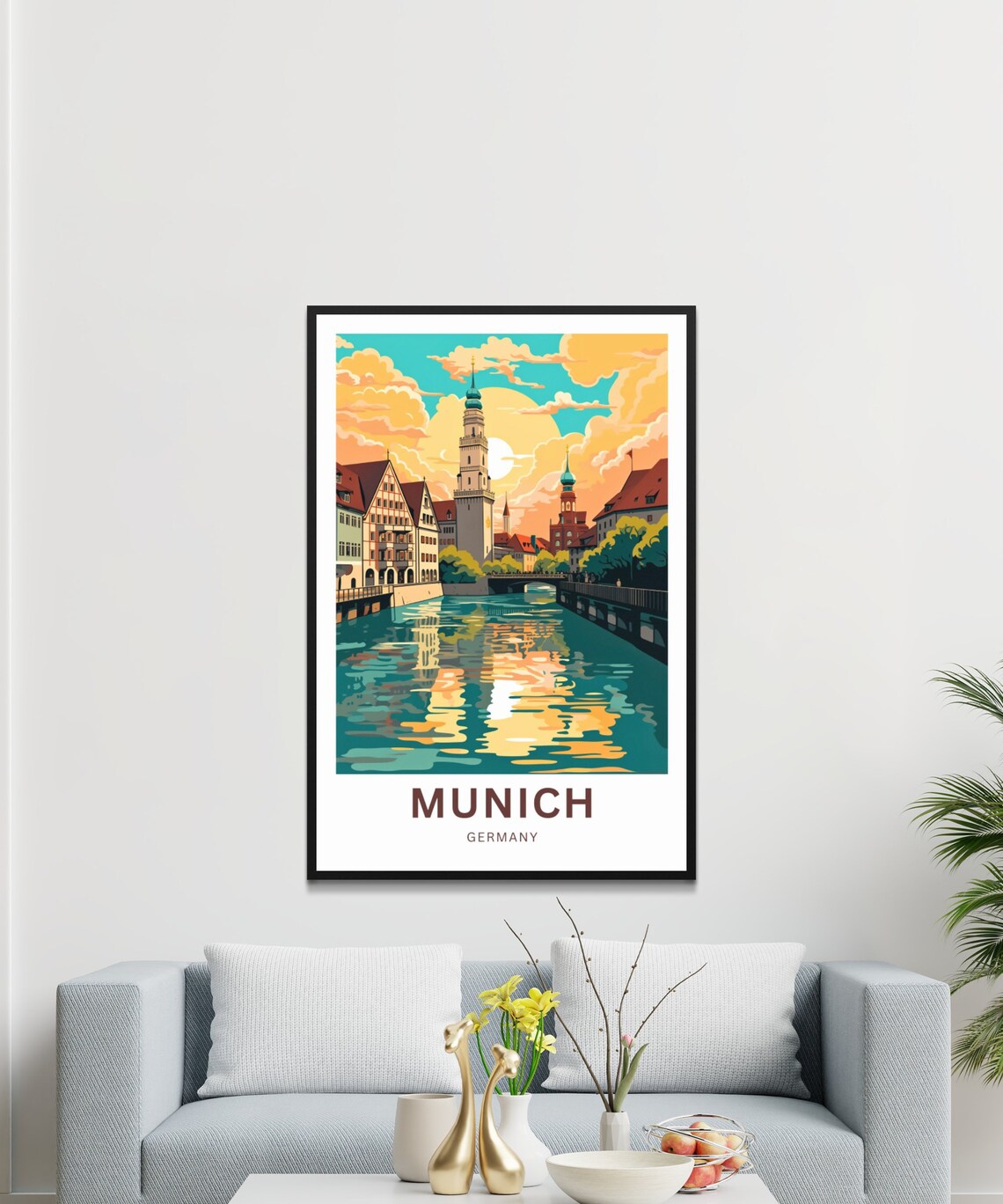 Munich Germany River Sunset Old Town Towers Illustrated Poster - Image 3