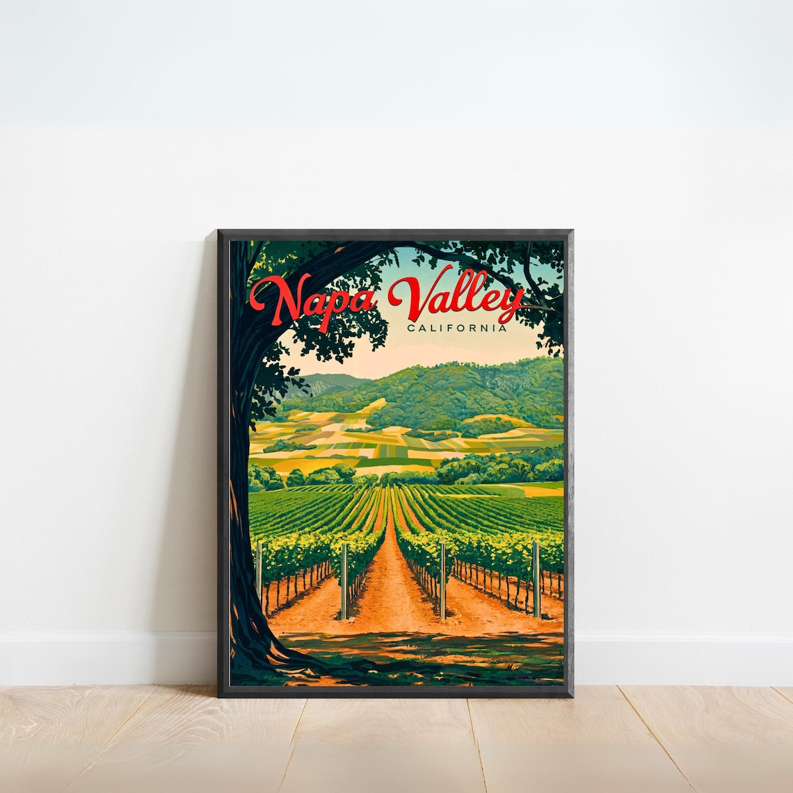 Napa Valley California Vintage Oak Framed Vineyard View Travel Poster