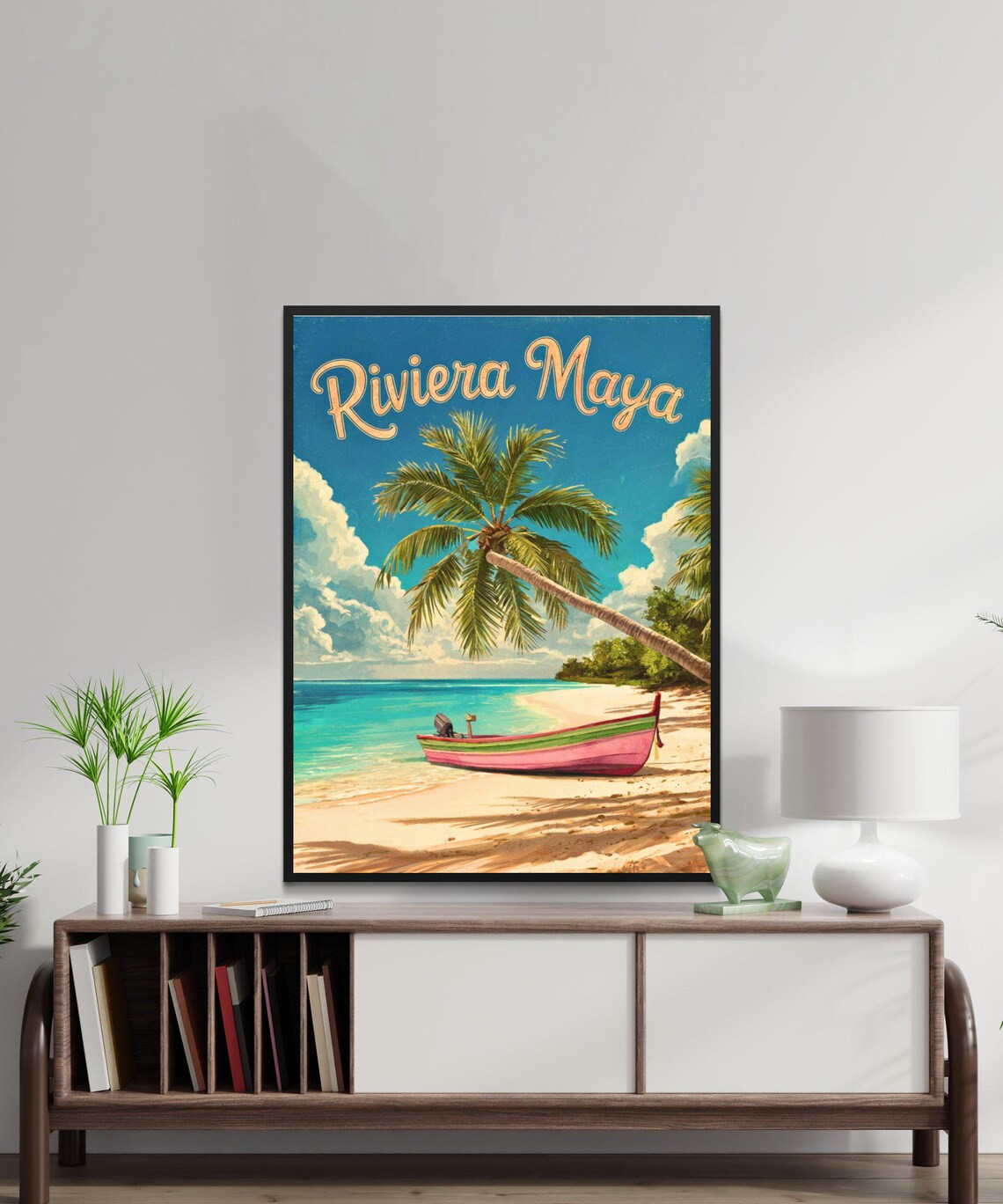 Riviera Maya Mexico Palm Beach Boat Scene Vintage Travel Poster - Image 2