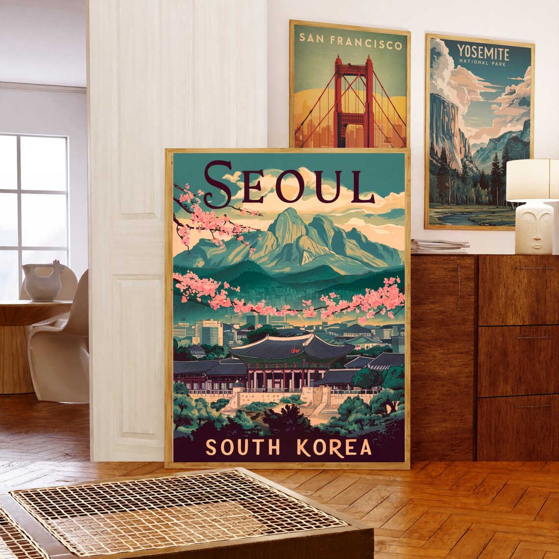 Seoul South Korea Palace Mountain Cherry Blossom Travel Poster - Image 5